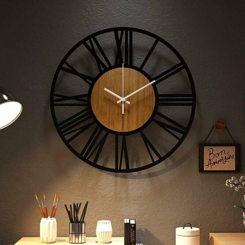Le café - 40 cm Grande Horloge Murale Ronde en Bois Noir pour décoration de Salon, Chiffres Romains rétro, silencieuse, ne chatouille Pas, Convient p - 5