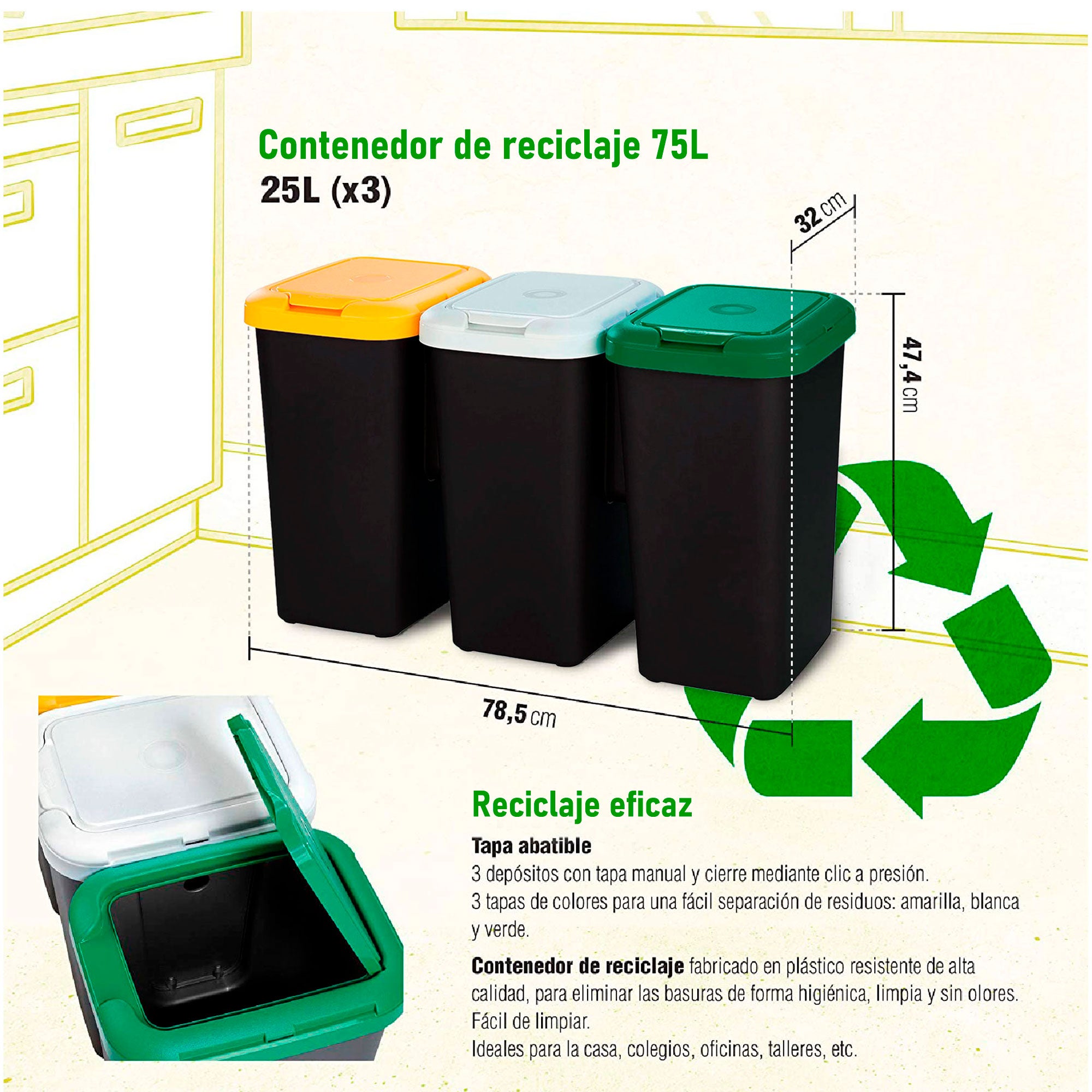 PATTUMIERA RACCOLTA DIFFERENZIATA SET 'TRIO' 25 lt. cm 78,5 x 32 x 47,4 - 3