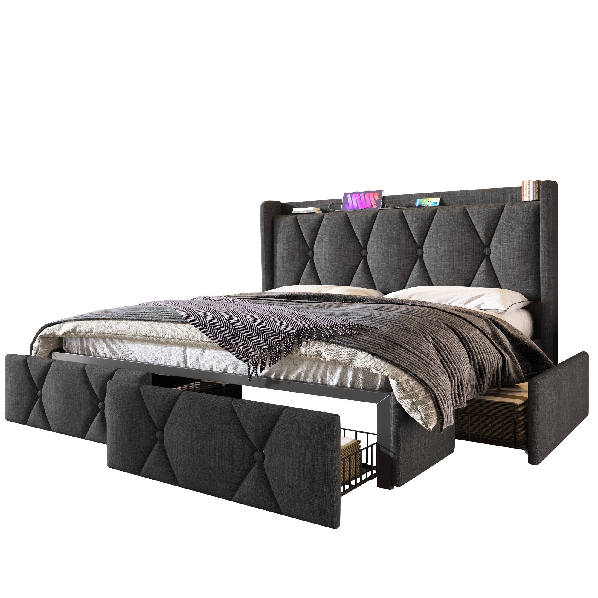 Łóżko 140x200cm tapicerowane lnem - z 4 szufladami i portami ładowania USB - Szare (materac nie jest w zestawie) - 7