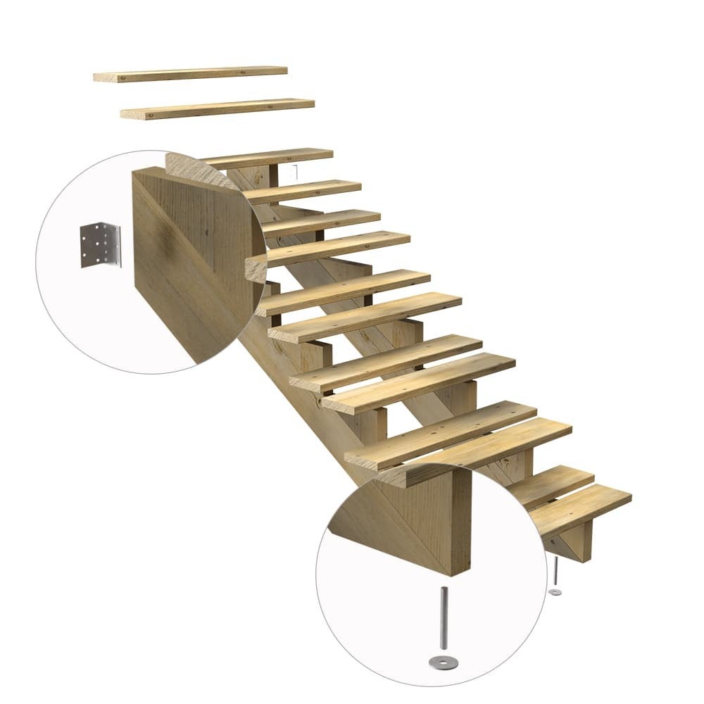 Escalier Bois Exterieur - 7 Marches - Largeur = 80cm - Marches découpables - Sans Contremarches - Pin du Nord - Traité Autoclave - 4