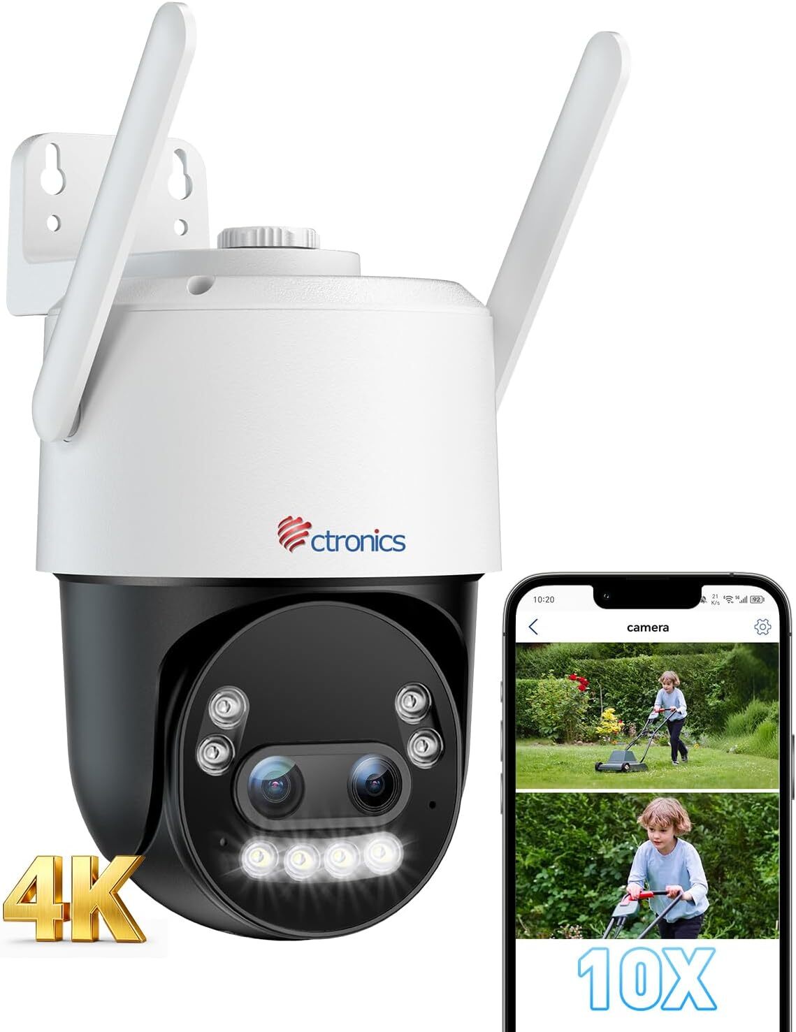 Ctronics 4MP Kamera do monitoringu PTZ WiFi 2.4/5GHz, podwójny obiektyw, hybrydowy zoom 6X, automatyczne śledzenie, detekcja ludzi, biała