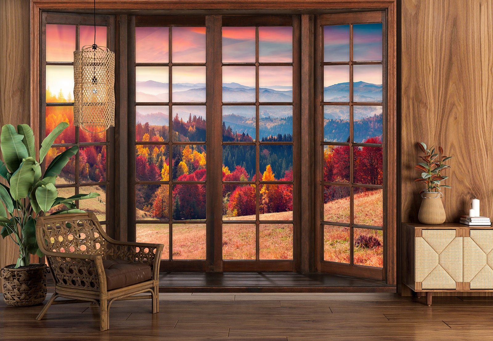 Papier peint panoramique Trompe l'oeil Fenêtre en bois - Forêt automne - Largeur 390 cm x Hauteur 312 cm - 3