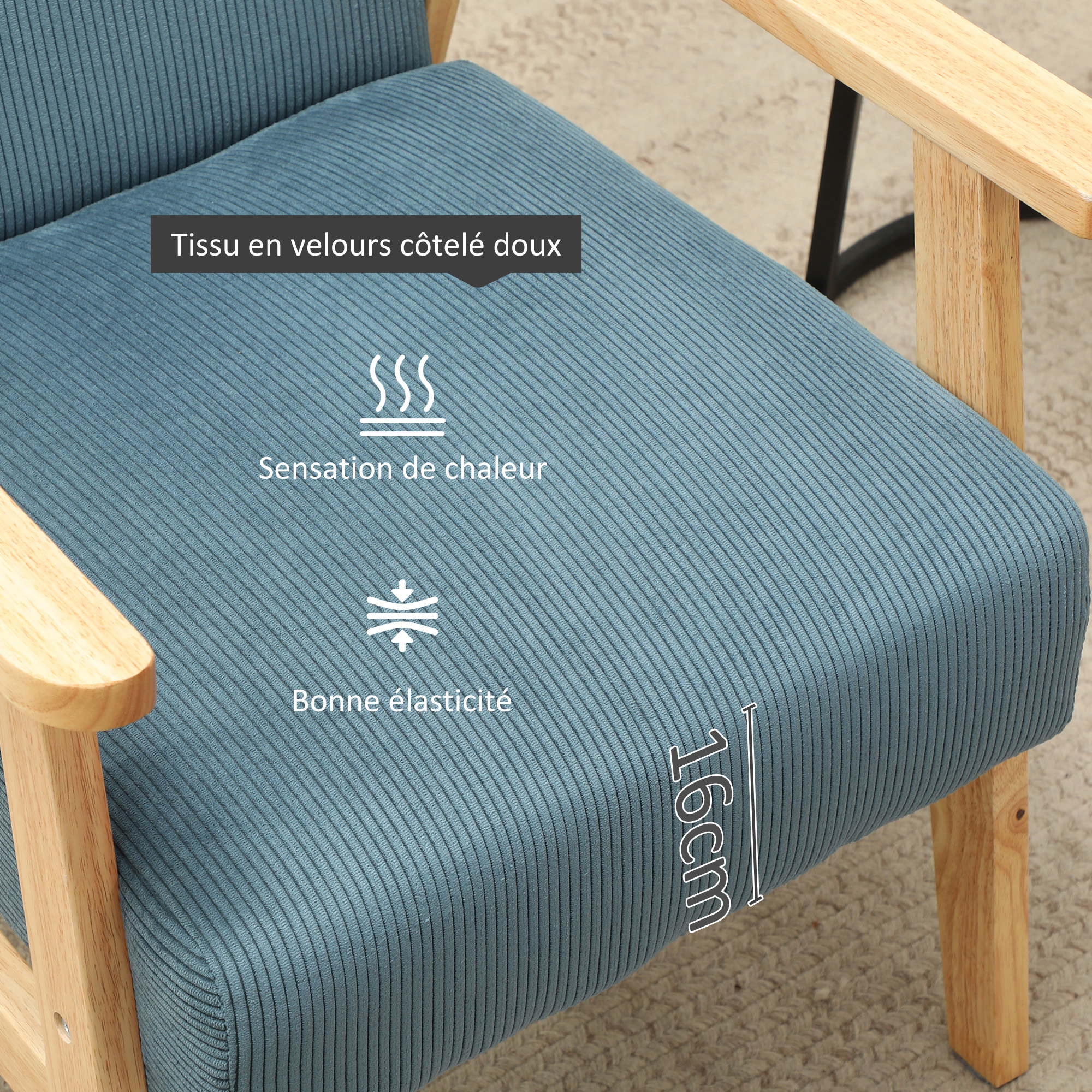 Fauteuil lounge style nordique bois hévéa velours côtelé bleu - 5