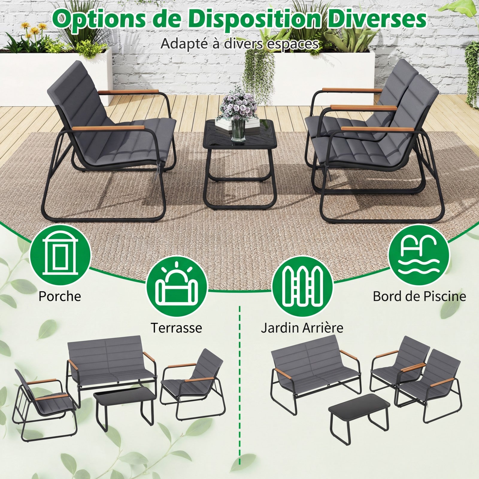 Conjunto de lounge para jardim exterior para 4 pessoas com almofadas amovíveis, conjunto de 4 peças com sofá de jardim, cadeiras e 1 mesa - 7