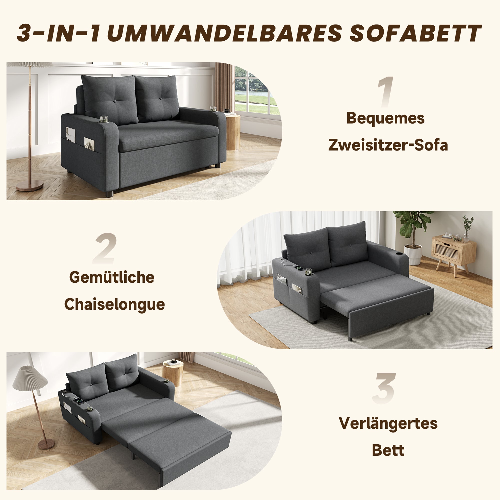 Sofa 2-osobowa z funkcją spania, uchwytem na kubek, portem USB i kieszeniami bocznymi - 131 x 81 x 94 cm - Tapicerka bawełniano-lniana - Szara - 6