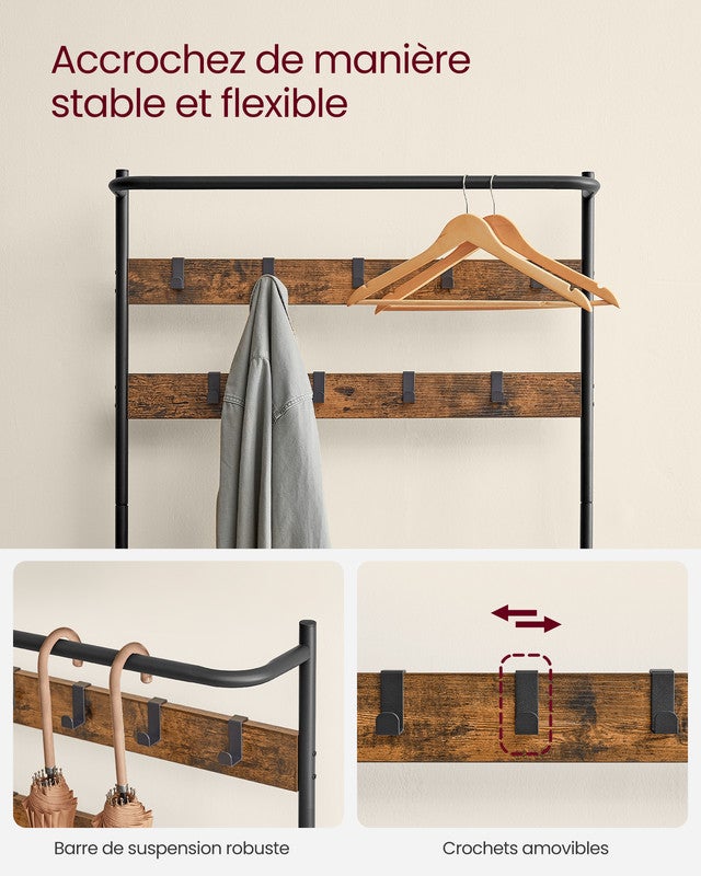 Porte-manteaux, avec Banc et Étagère à Chaussures, 9 Crochets Amovibles, Tringle, 32,2 x 84 x 180 cm, Marron Rustique et Noir - 4