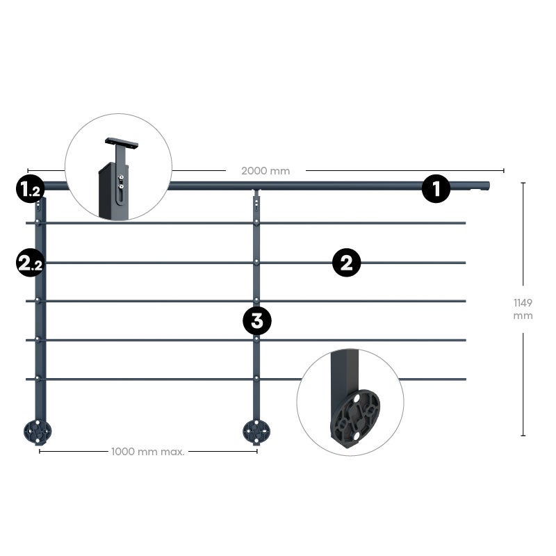 Kit garde-corps aluminium gris anthracite 2m pose latérale, Initio KORDO - 4