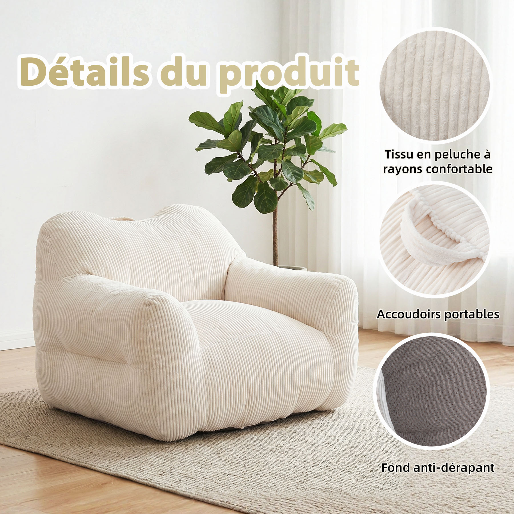 Canapé pouf carré HOMEMIYN en velours côtelé, fauteuil lounge avec dossier et accoudoirs, 118x110x86 cm, pour salon et chambre - 2
