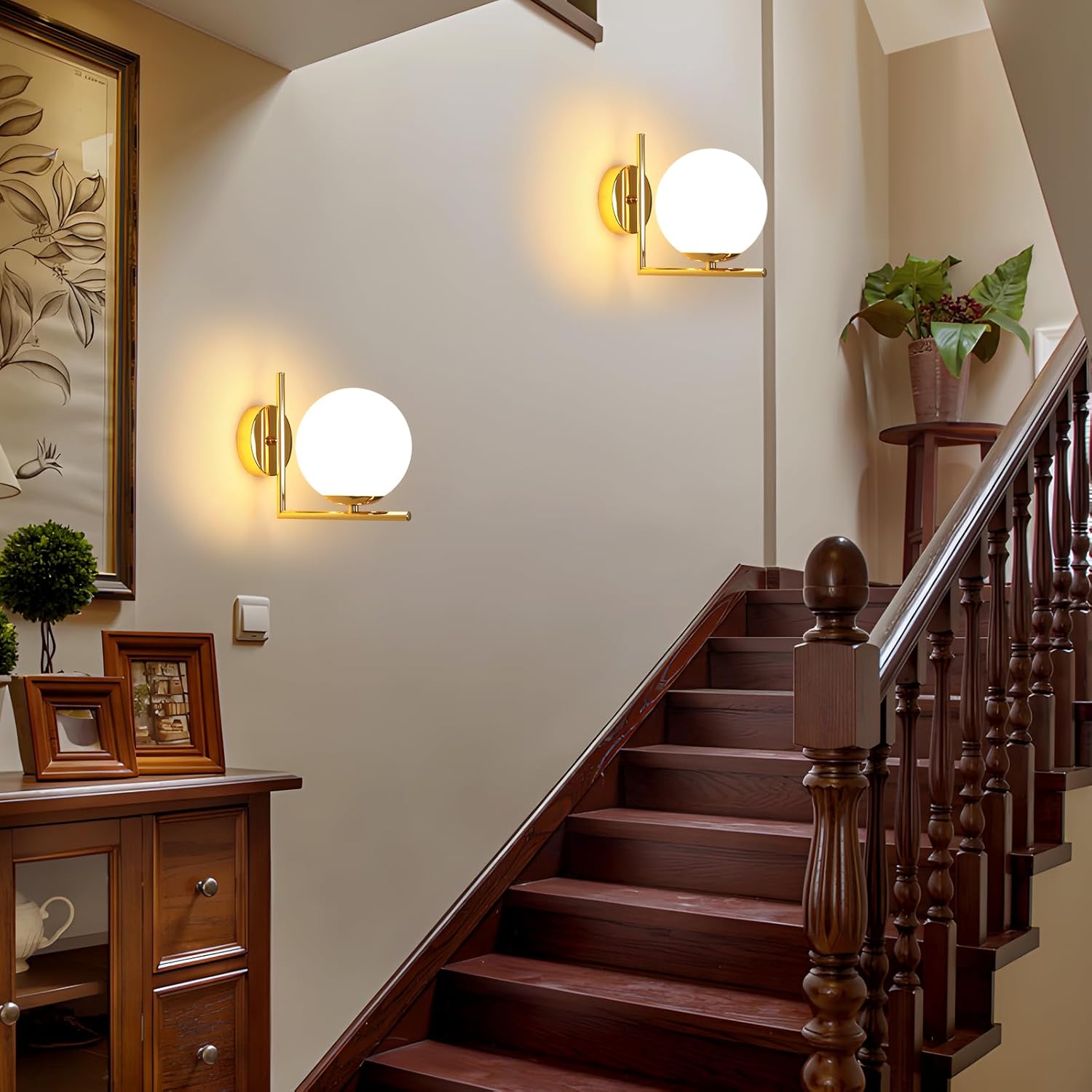 Applique Murale Intérieure, E27 Lampe Murale Moderne avec Abat-jour en Verre, Art Déco Applique Doré Vintage pour Chambre Salon Cuisine Couloir - 5