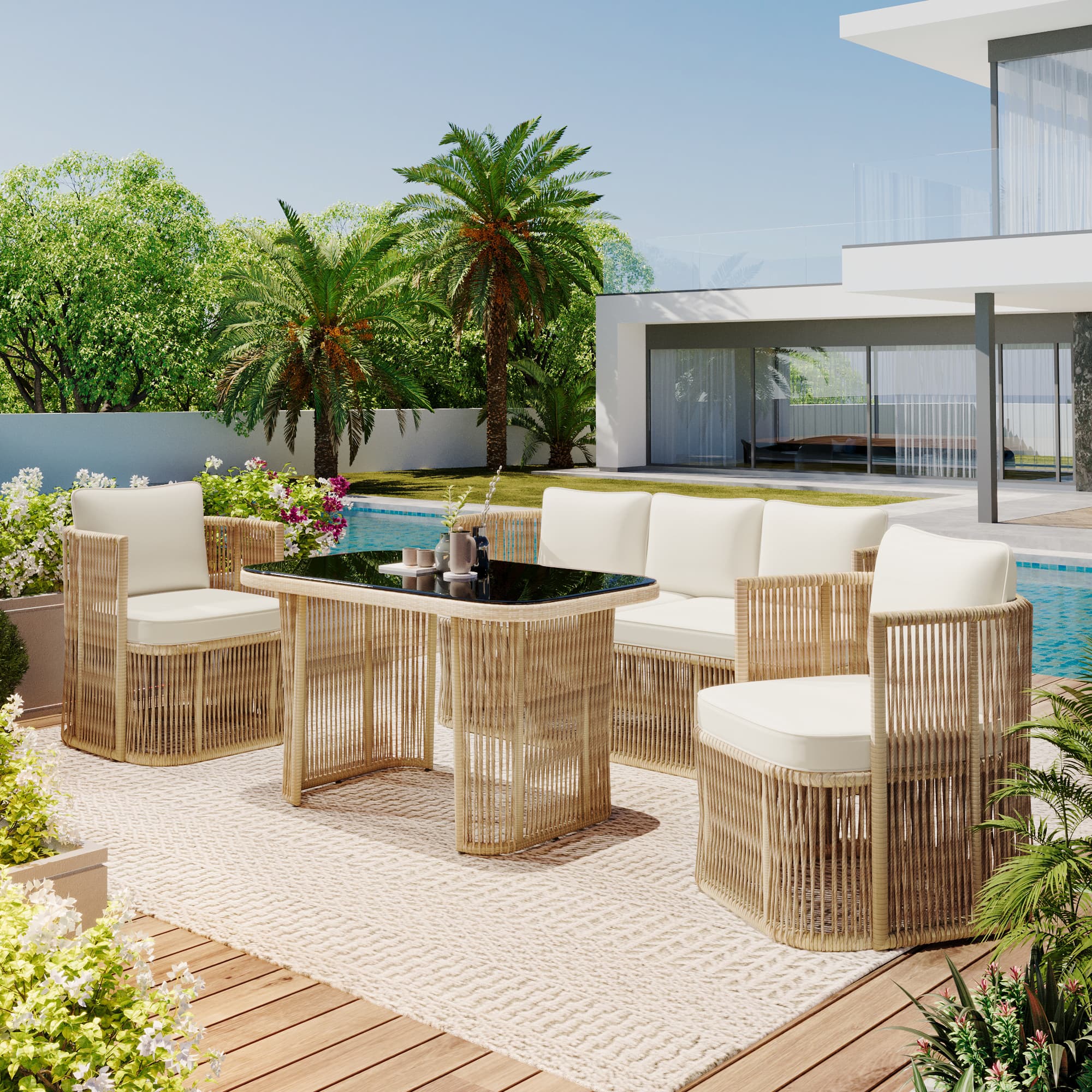 Ensemble Jardin 4 Pièces Rotin PE, Canapé 3 Places, Fauteuils & Table Verre Trempé, Salon Extérieur avec Coussins, Cadre Acier - 3