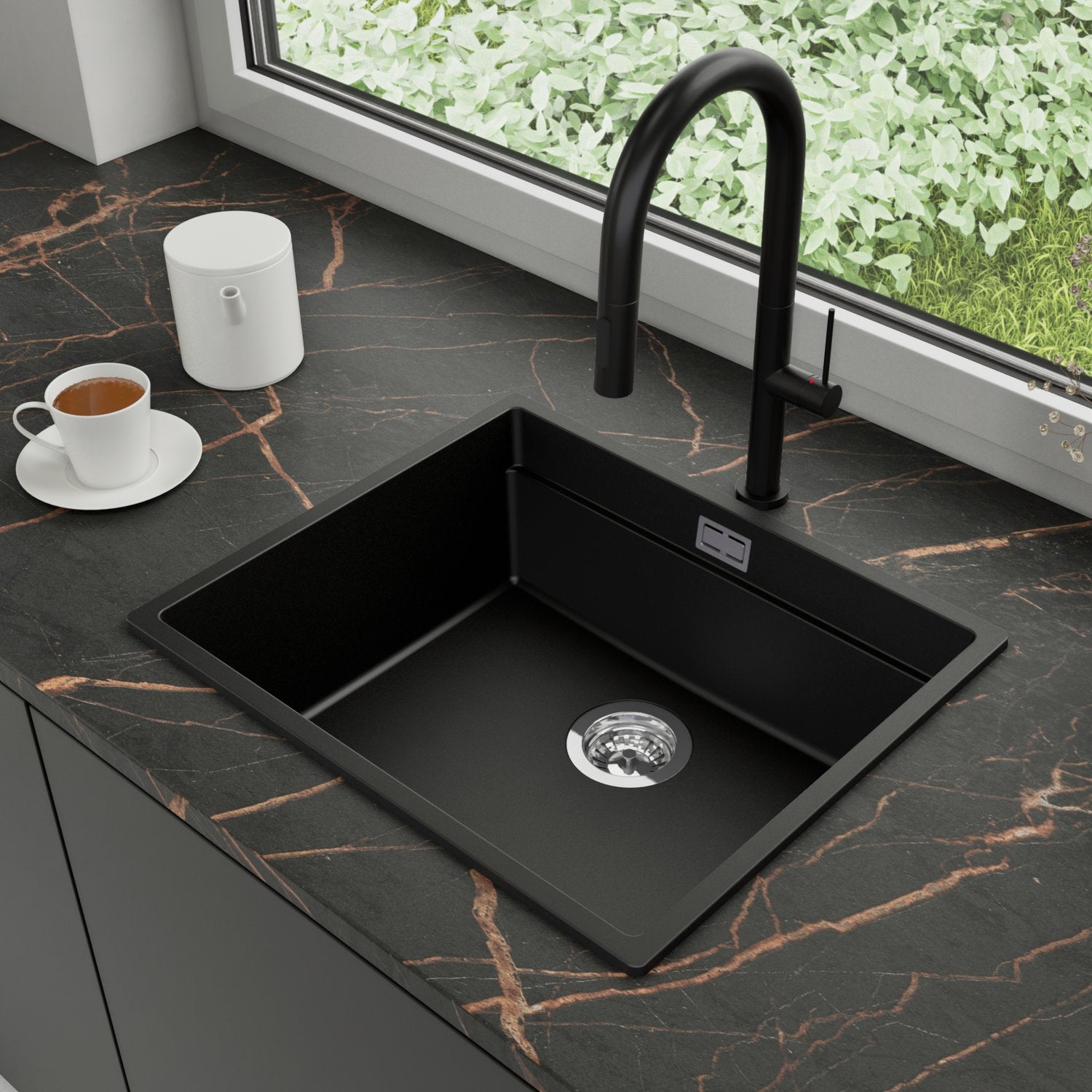 Zlewozmywak Granitowy 56x47cm, do szafki od 60cm + Bateria + Syfon - Coral Czarny STONESTYLE
