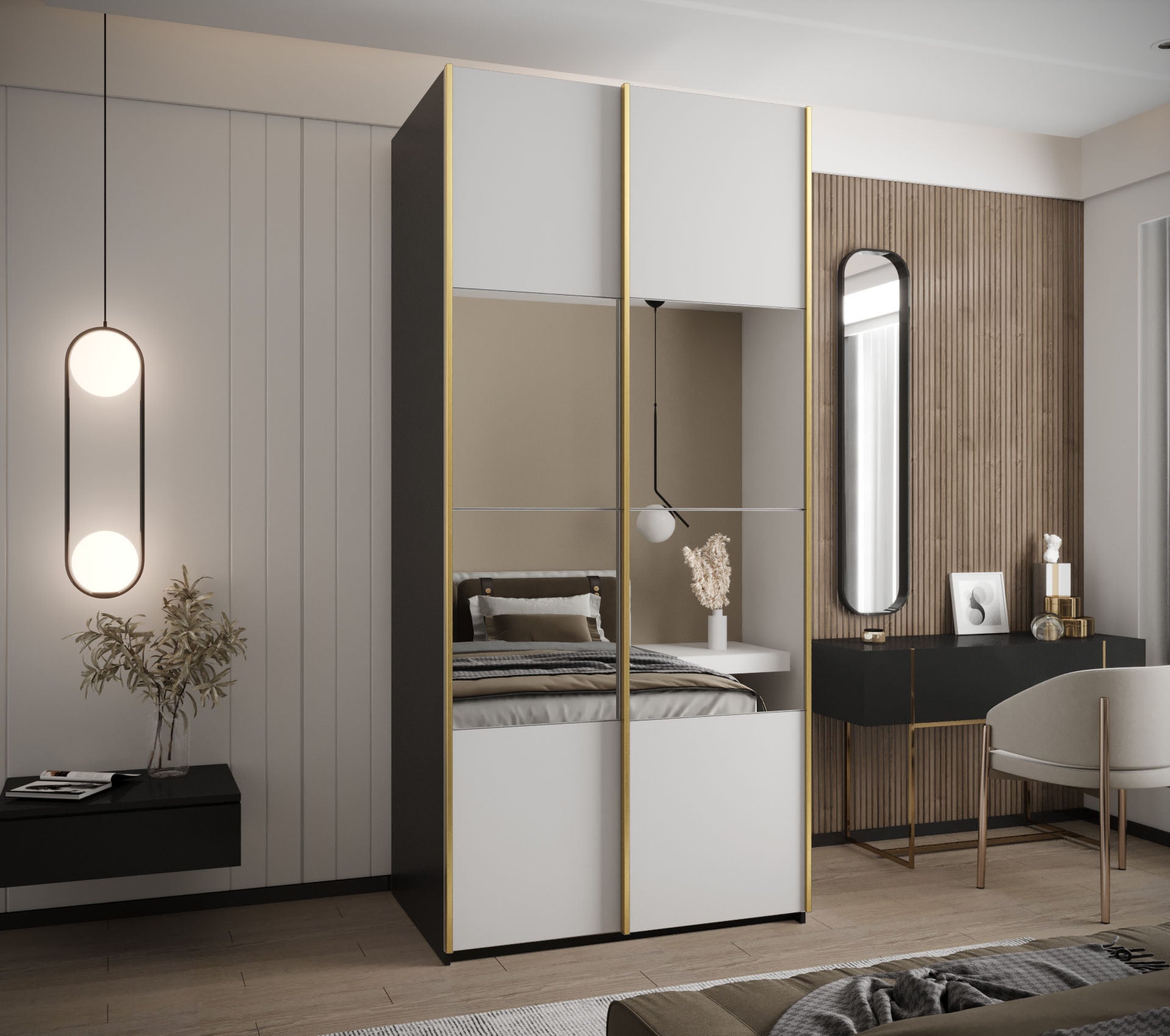Szafa przesuwna wysoka Lux 4 110 x 64 x 245,5 cm czarny + biały + u. złoty - Abiks Meble - 2