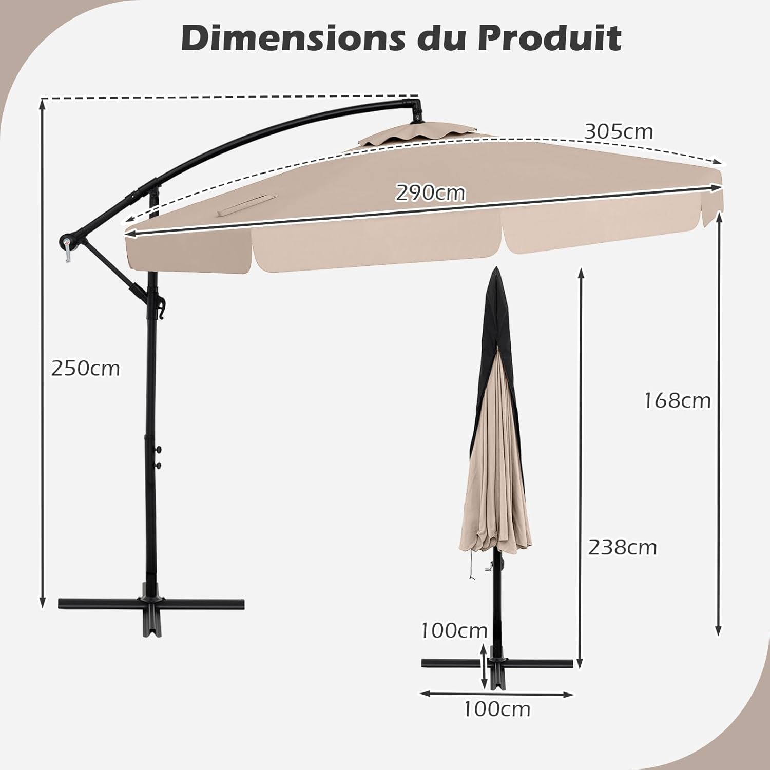 Parasol Déporté 3x3m avec Housse, Grand Parasol de Jardin Exterieur,8 Baleines et Base Croisée, Parasol Inclinable Suspendu avec Manivelle(Beige) - 2