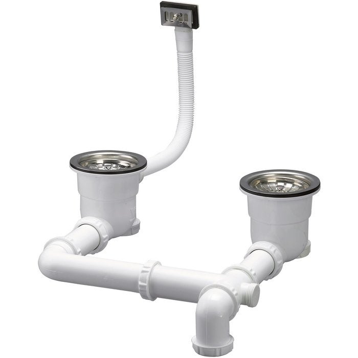 Desagüe ahorrador de espacio para fregadero de 2 senos ø90mm, cestos de acero inoxidable ø83mm, apriete de 0 a 25mm