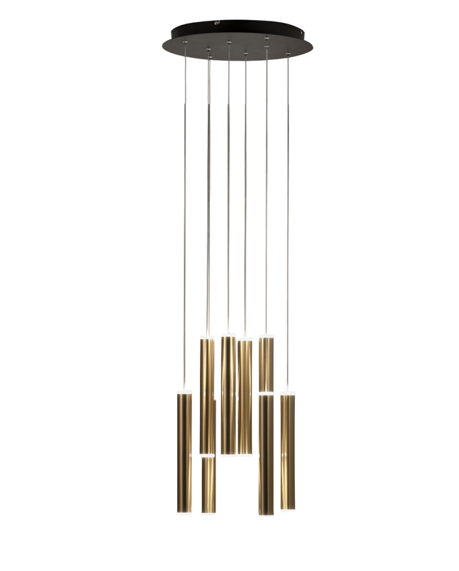 Okrągła lampa wisząca Fabas Luce Prado z 8 światłami, 52 W, ściemnialna, z diodami LED, z mosiężną, okrągłą rozetą sufitową