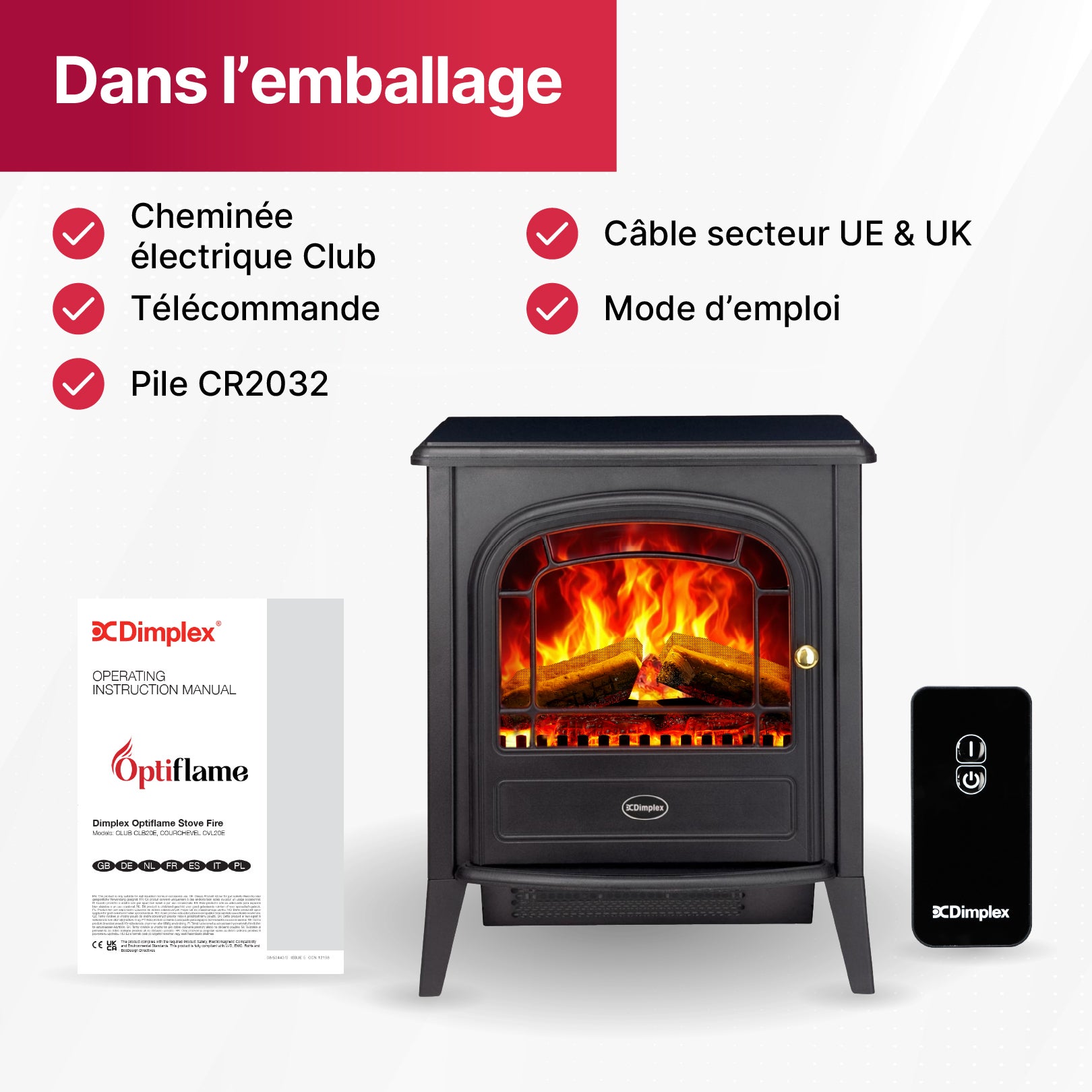 Cheminée électrique avec chauffage sur pied - Dimplex - Optiflame, 2000W, télécommande - Club - 8