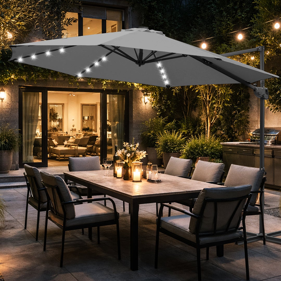 Parasol déporté gris 300 cm avec 28 LED solaires, rotation complète, inclinaison réglable, toile anti-UV UV50+ - 8