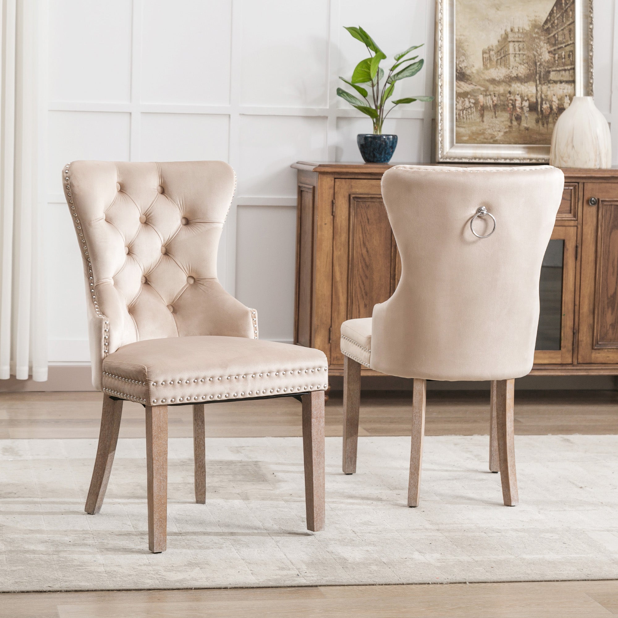Chaises de salle à manger avec heurtoir, design à boutons, pieds en métal, velours, beige, 2 pièces
