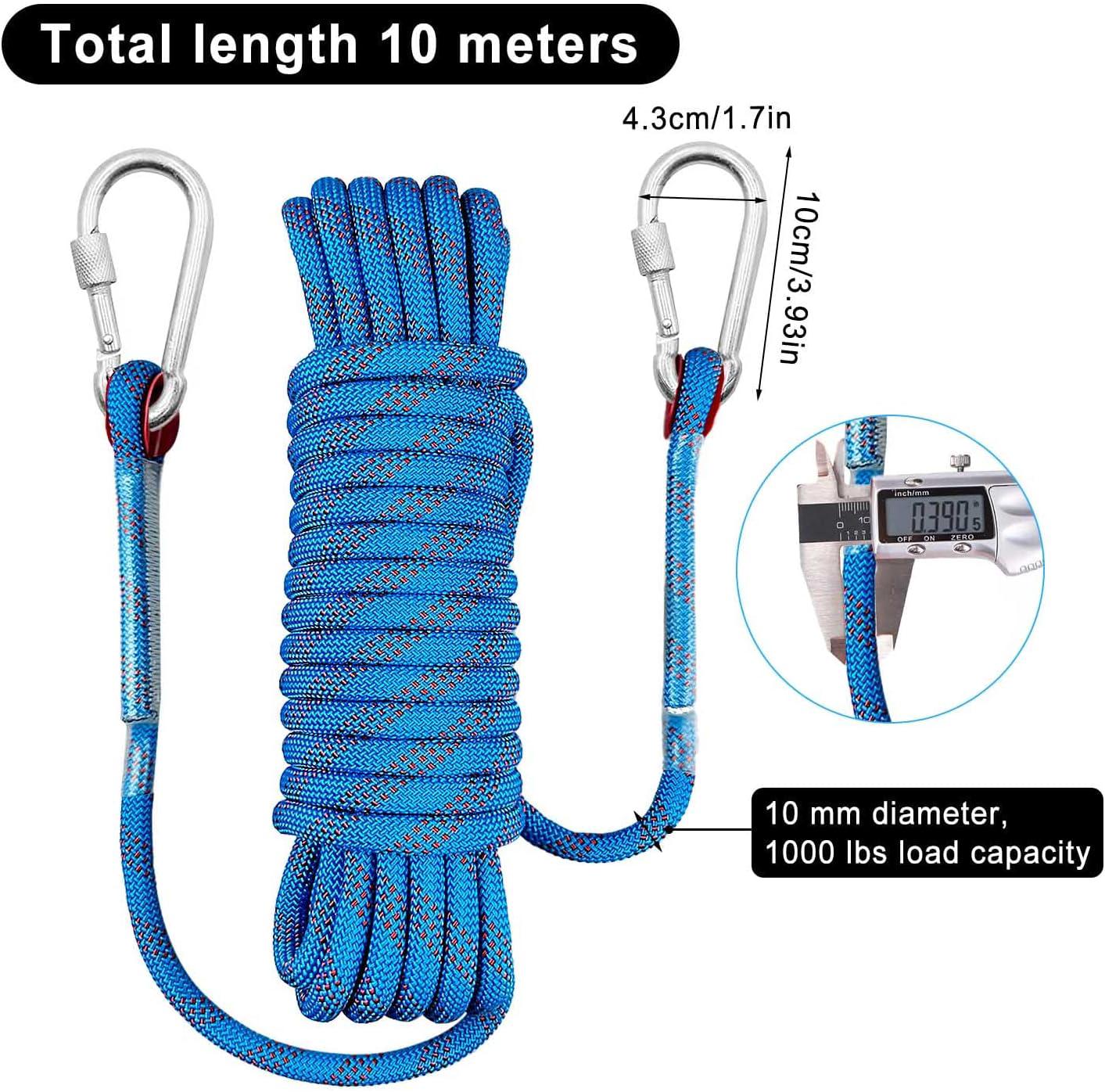 Longe d'escalade de 10 m, corde en nylon, 10 mm, avec 2 mousquetons, adaptée à l'escalade, à la descente en rappel, au sauvetage sportif - 6