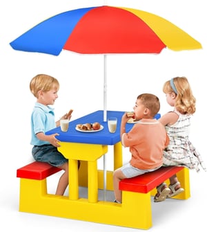 Table Pique-Nique Enfant, Table Enfant Extérieure avec Parasol Amovible, Salon de Jardin en PP (Bleu+Rouge+Jaune)