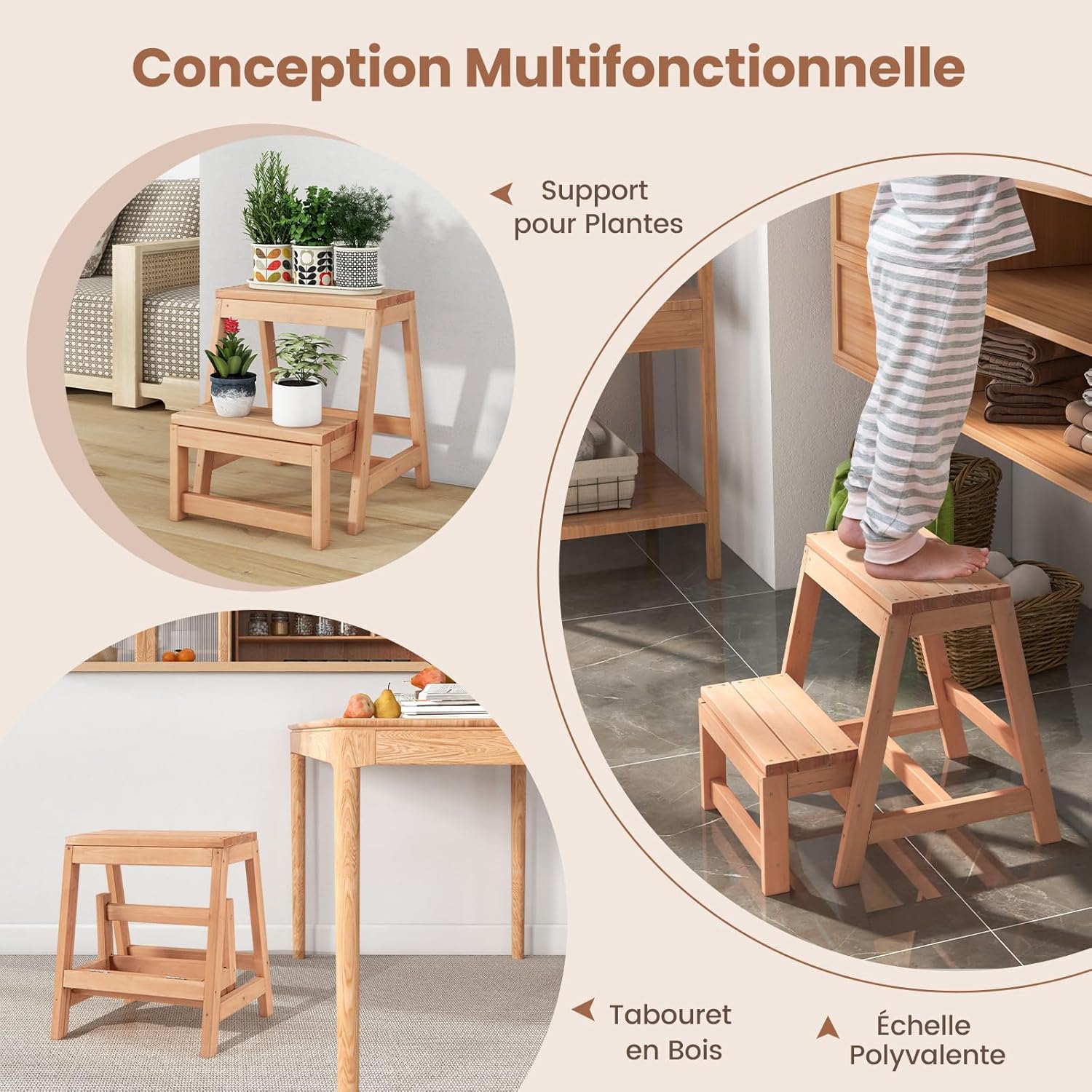 Sgabello Scala in Legno di Abete a 2 Gradini a Ribalta, Scaletta Pieghevole Salvaspazio per Bagno e Libreria, Scaletta Portavasi Multiuso Mens - 6