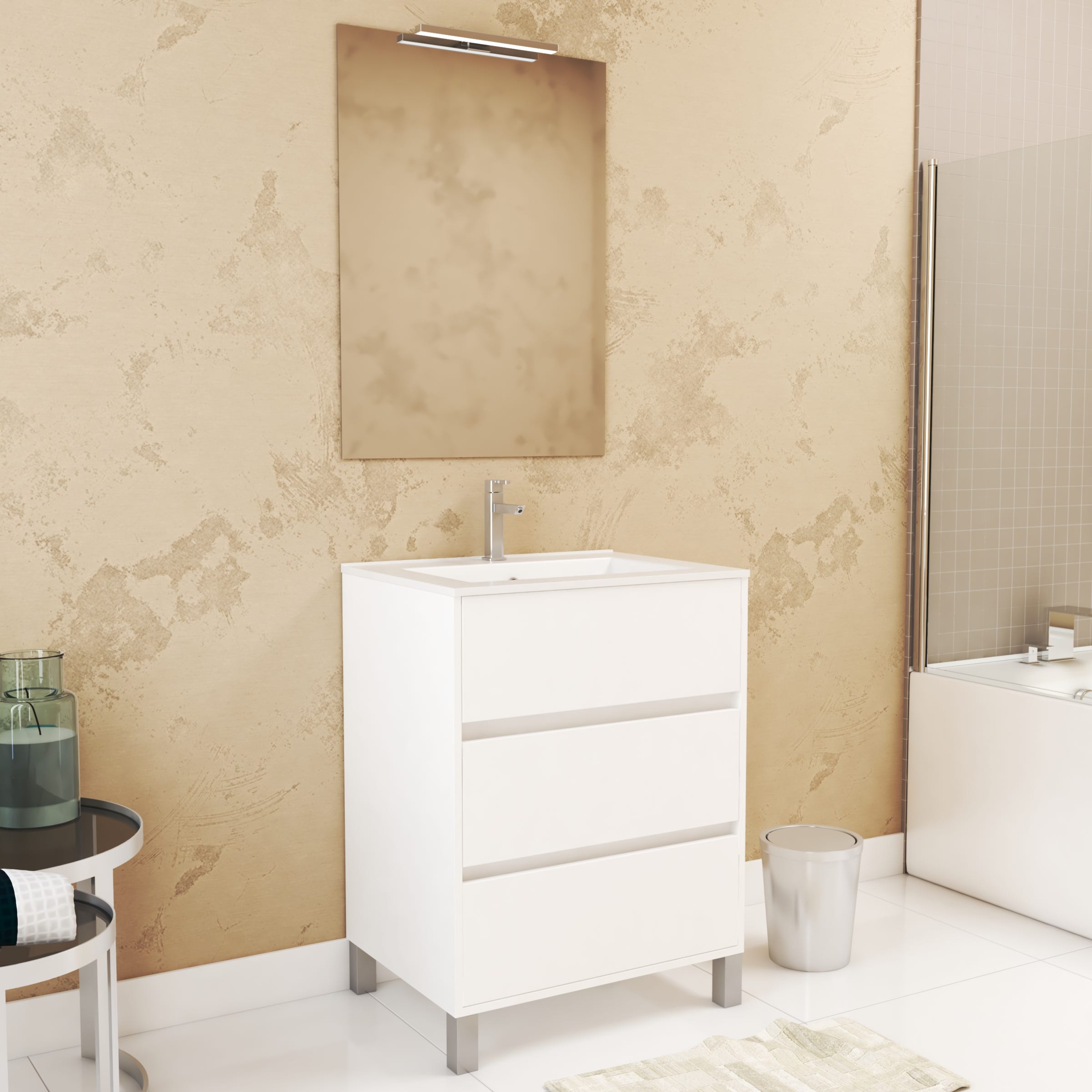 Lomadox Set 4 Pezzi Bagno Con Mobile Lavabo 60 Cm, Armadio E Specchio LED - Bianco Lucido Con Chiusura Soft Close