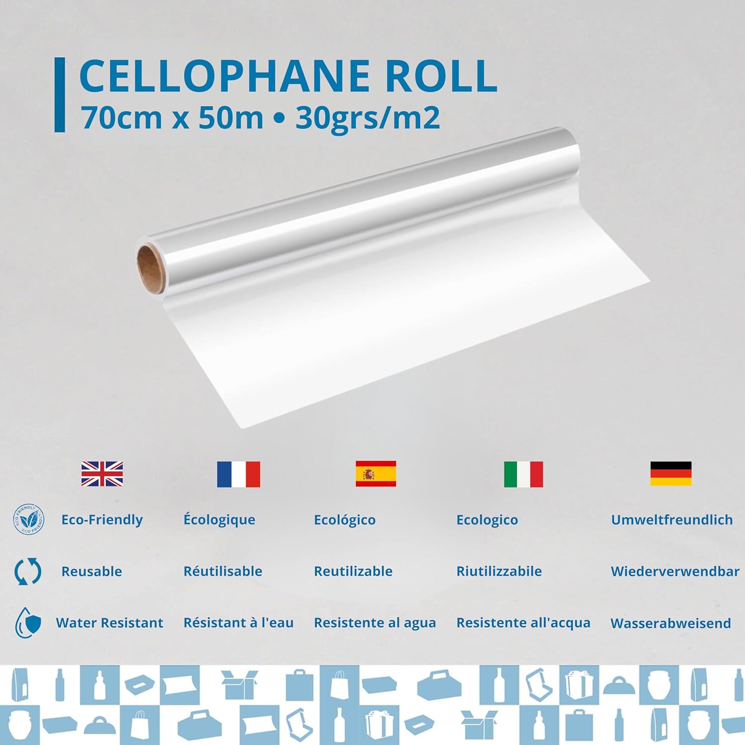 Rollo de papel celofán transparente (70 cm x 50 m) - Papel de embalaje para cestas, flores, envoltorio de regalo, floristería, manualidades, DIY - 3