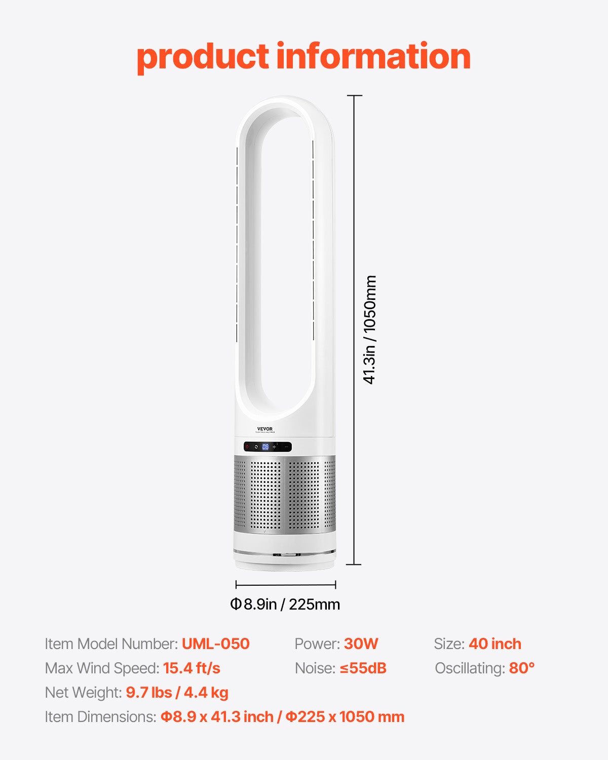 Ventilateur Tour sans Pales, Ventilateur Sol 15,4 pi/s, 8 Vitesses, Oscillation 80°, Minuterie 8h, Filtration HEPA H13, Télécommande VEVOR - 7