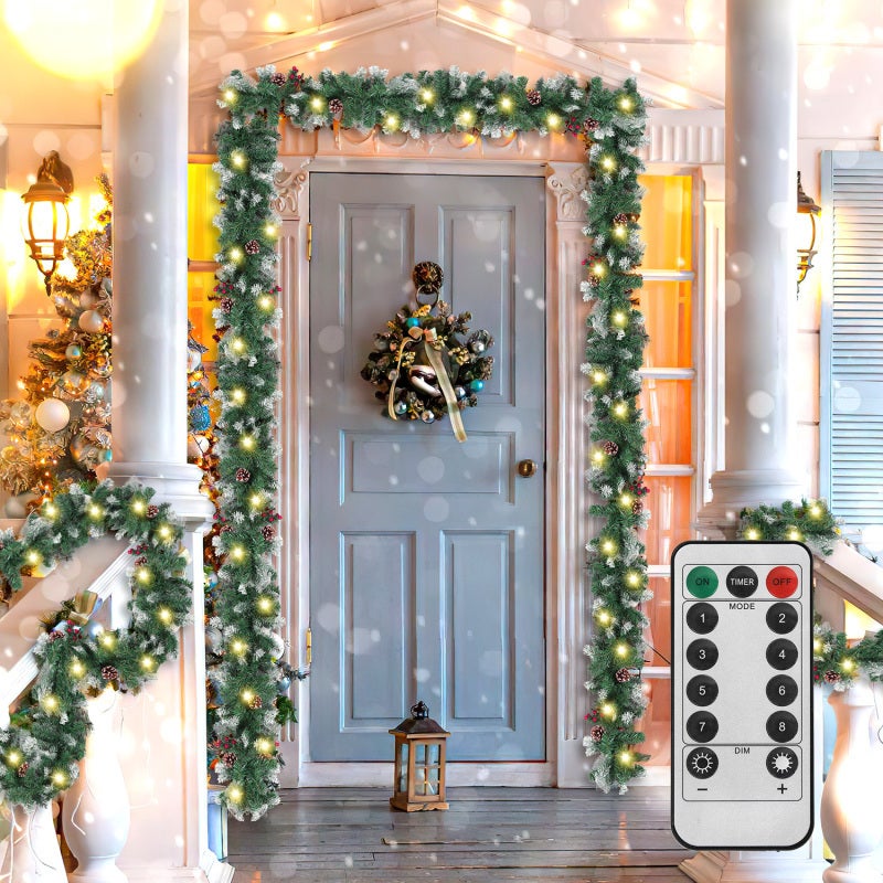 Ghirlanda natalizia decorativa natalizia con luci, ghirlanda di pino a LED pre-illuminata, portatile, a batteria, per mantello, finestra, cucina, tavolo, camino