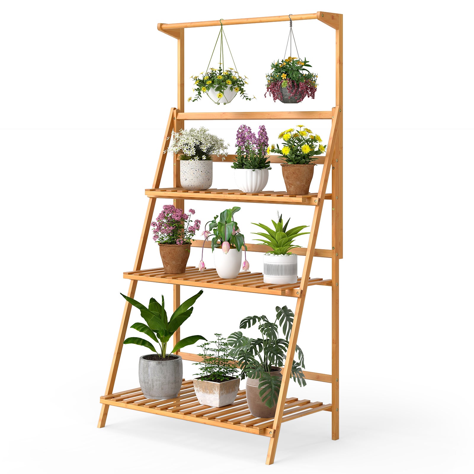 Etagère de jardin pliables à 3 niveaux de rangement, Support Plantes Interieur, 71×40×120-144 cm, bambou brut - 9
