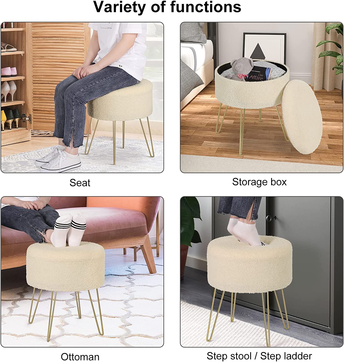 WOLTU Pouf de Rangement rond，Tabouret Coiffeuse，pour Salon Chambre，Siège en Molleton Polaire avec Couvercle，Beige - 3
