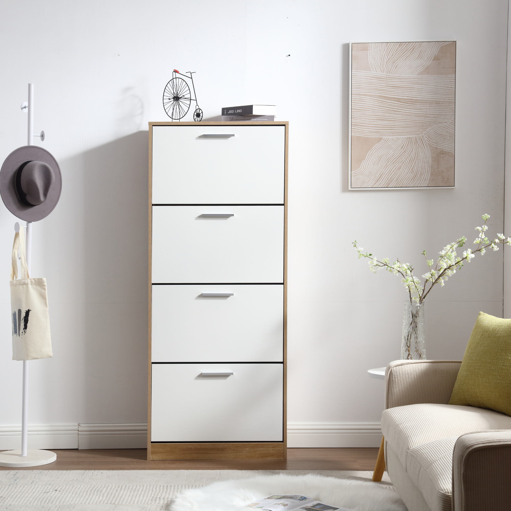 Meuble à chaussures peu encombrant à 4 portes doubles et étagères, 63 x 24 x 155 cm, en bois, pour entrée, blanc et chêne - ZIK - 6