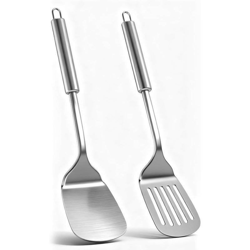 Zestaw 2 szpatułek kuchennych ze stali nierdzewnej, solidne przybory kuchenne ze stali nierdzewnej, solidna szpatułka odporna na ciepło, srebrna perf