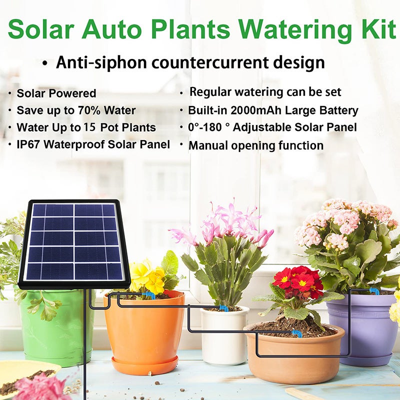 Système d'irrigation goutte à goutte automatique solaire, dispositifs d'arrosage automatique avec capteur d'eau pris en charge 15Pots plantes - 8