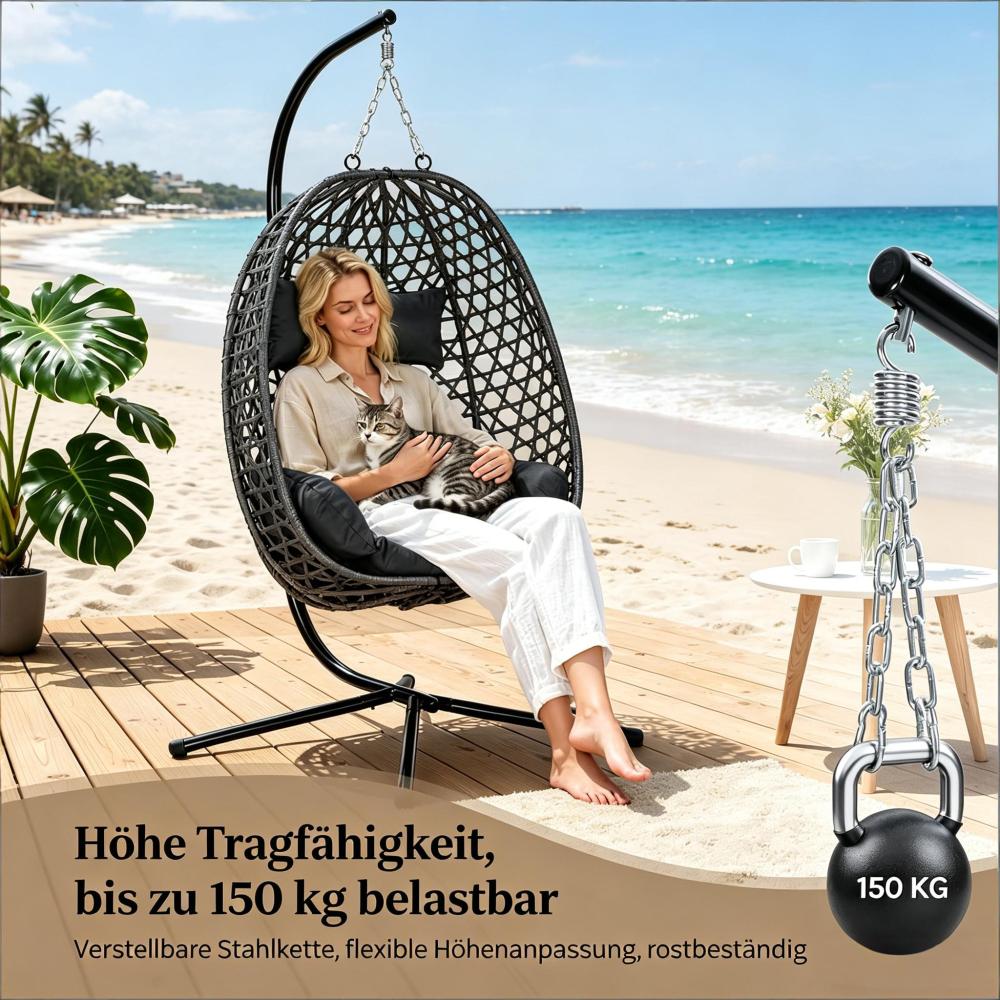 Fauteuil suspendu en rotin, hauteur réglable, chaise œuf moderne anthracite, balançoire intérieur extérieur, structure métal robuste - 5