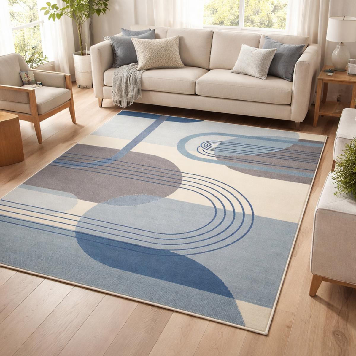tapis salon 160x225 tissé bleu et crème rectangle motif rétro-vintage LYN49 COURBLA - 2