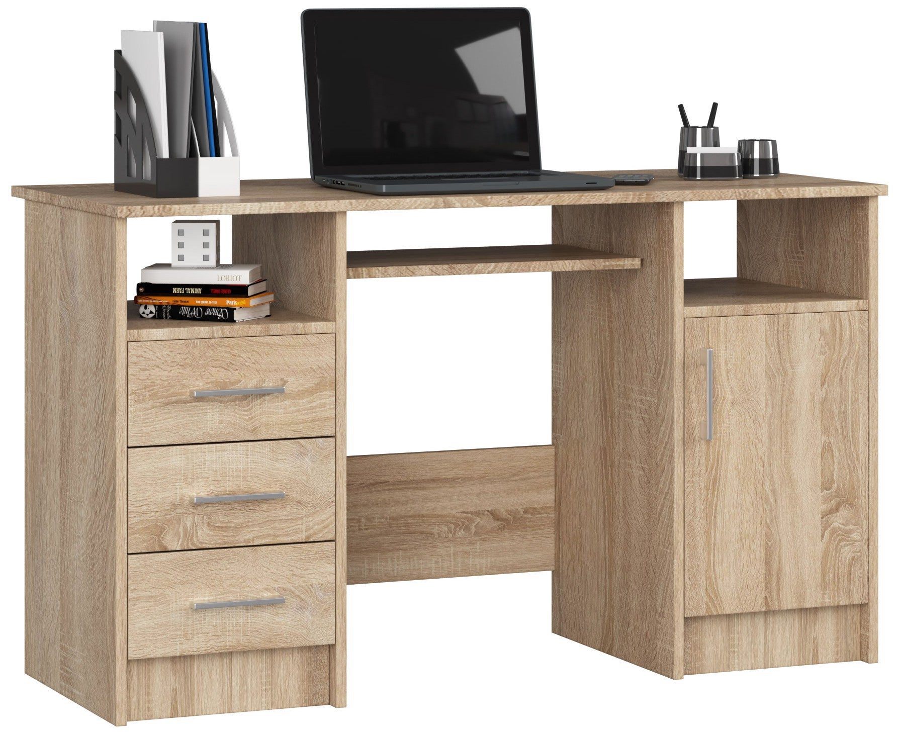 Biurko AKORD ANA Dąb Sonoma 124 cm biurko komputerowe 1 drzwi 3 szuflady kolor Dąb Sonoma mat5 półek 124x52x74 cm
