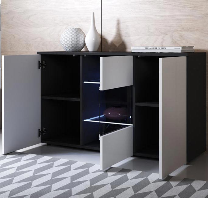 Aparador de salon con LED con patas 2cm 2 puertas 1 vitrina | Mueble de salon | 120x72x40cm | Modelo Luke A2 | Negro con Blanco brillo - 3