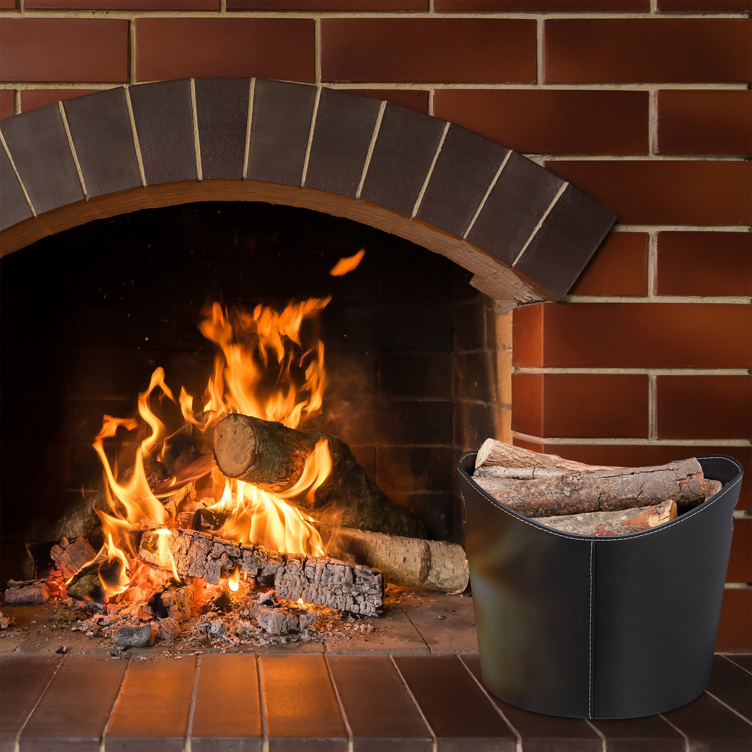 Relaxdays Panier à bûches L, Range bois de cheminée, Porte-revues porte-journaux similicuir, noir - 3