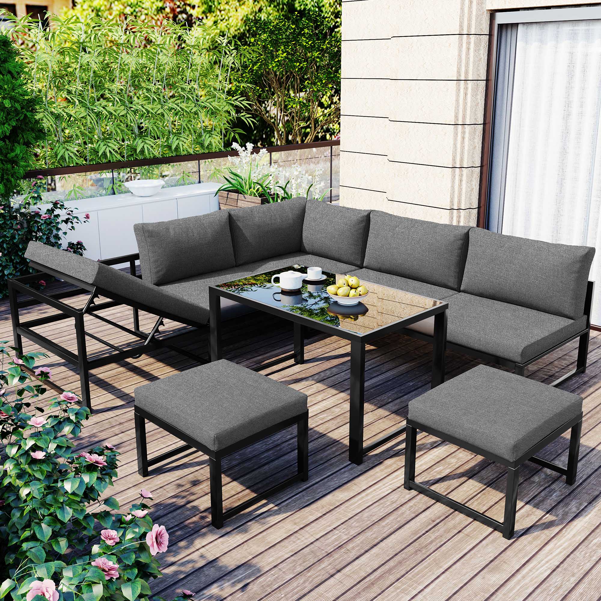 Zestaw wypoczynkowy ogrodowy aluminiowy, sofa i stolik zewnętrzny z funkcją relaksu, poduszki w zestawie i 4 poziomy regulacji oparcia, kolor szary