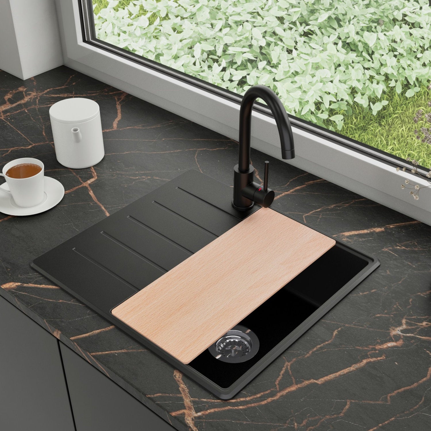 Zlewozmywak Granitowy 55x50cm, do szafki od 40cm + Bateria + Syfon + Deska - Ametyst Czarny STONESTYLE