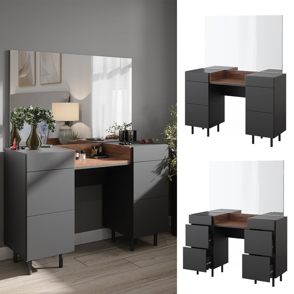 Coiffeuse Anika Vicco 120 Cm Avec Miroir LED - Anthracite/Noyer - 6 Tiroirs, Panneaux Mélamine