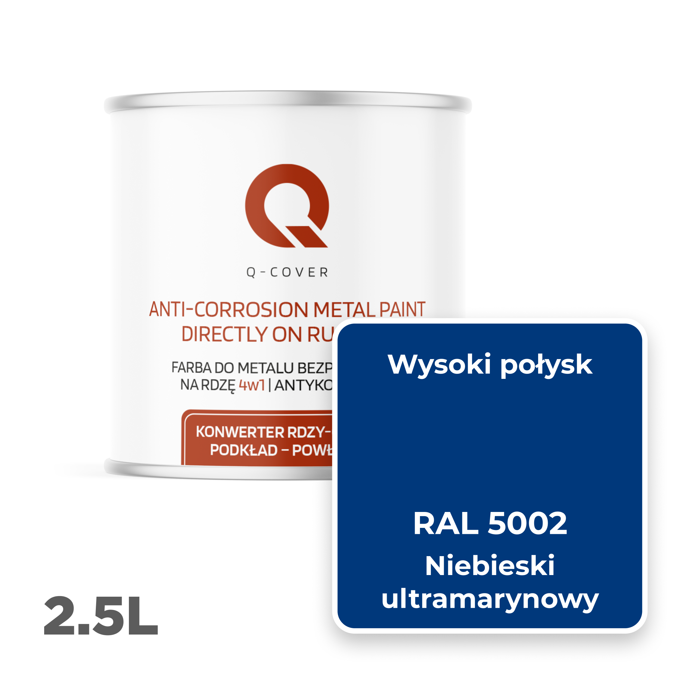 Farba do Metalu Prosto na Rdzę 4w1 Q-Cover Niebieski ultramarynowy RAL5002 Wysoki Połysk 2.5L - 2