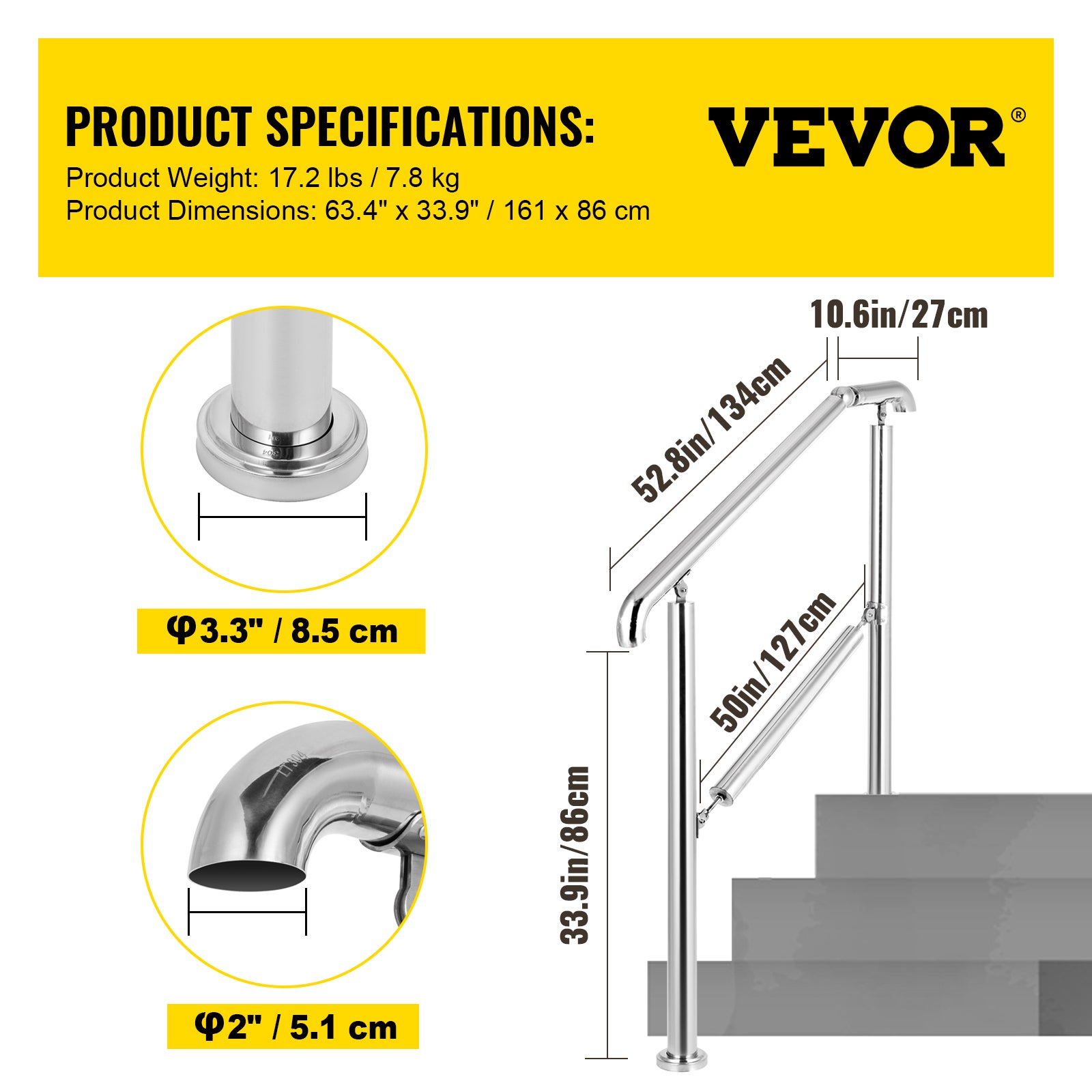 Main Courante en Acier Inoxydable VEVOR 4-5 Marches Capacité 200 kg Rampe d'Escalier Angle Réglable de 0-45° pour Jardin Extérieur et Intérieur - 7
