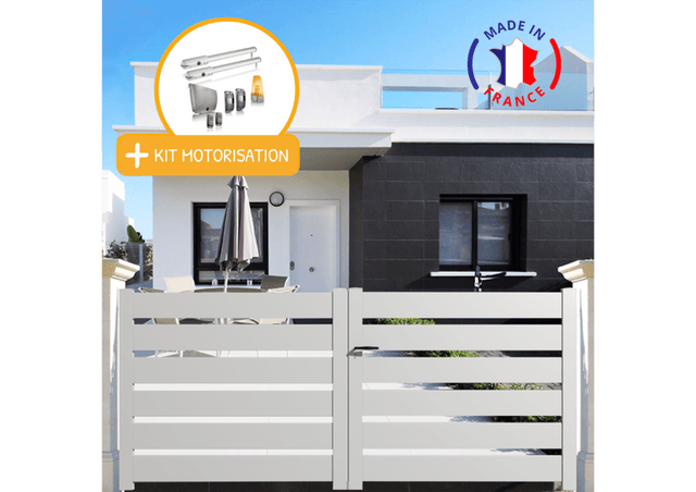 Portail aluminium battant SAH en kit + Motorisation dimensions L.3000 (entre piliers) X H.1500 mm SGS Essential (vérins) Couleurs Blanc (RAL 9010)