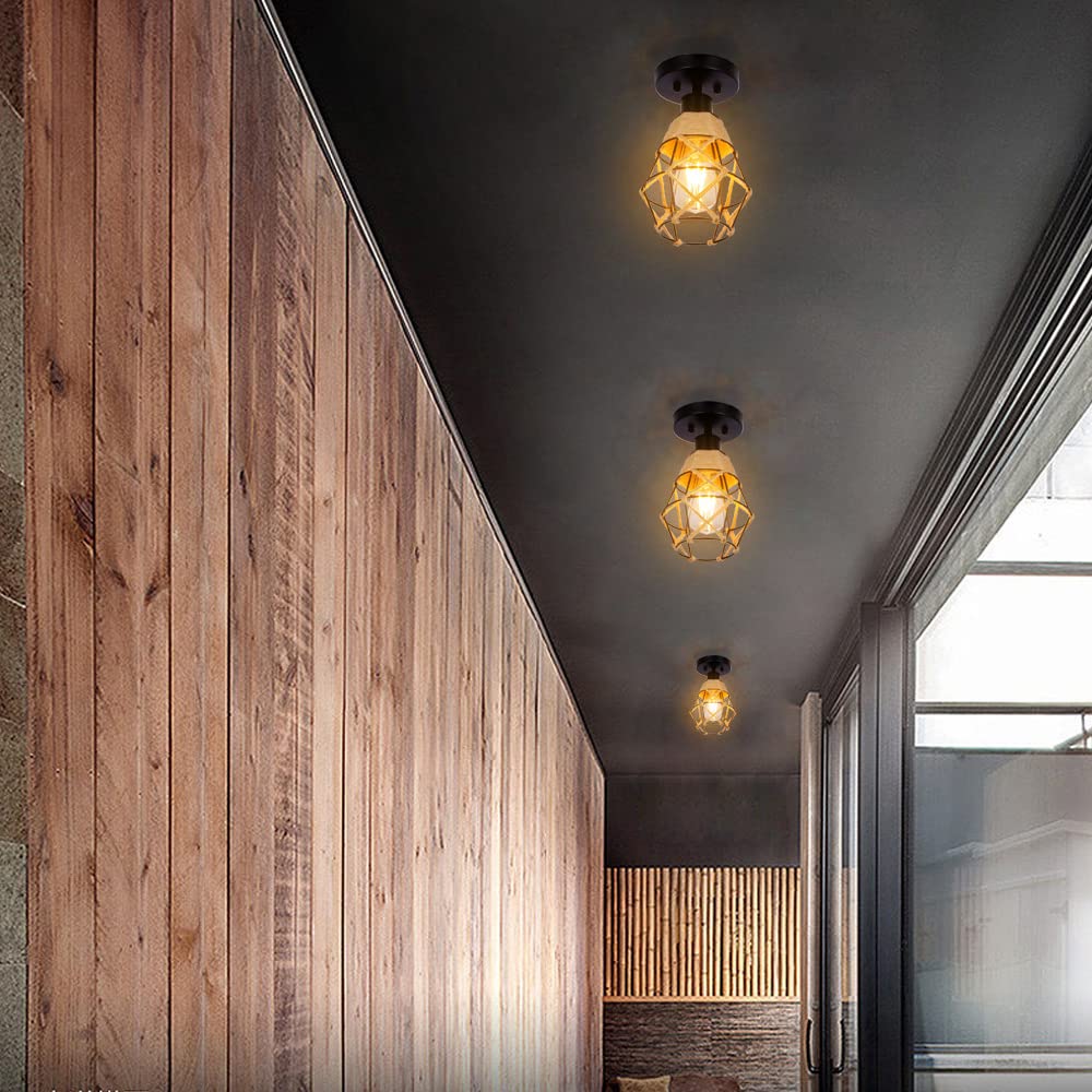 Lampada da soffitto in ferro con gabbia vintage da 4 pezzi, illuminazione per corridoio, sala da pranzo, lampada in corda di canapa (senza lampadina) - 6