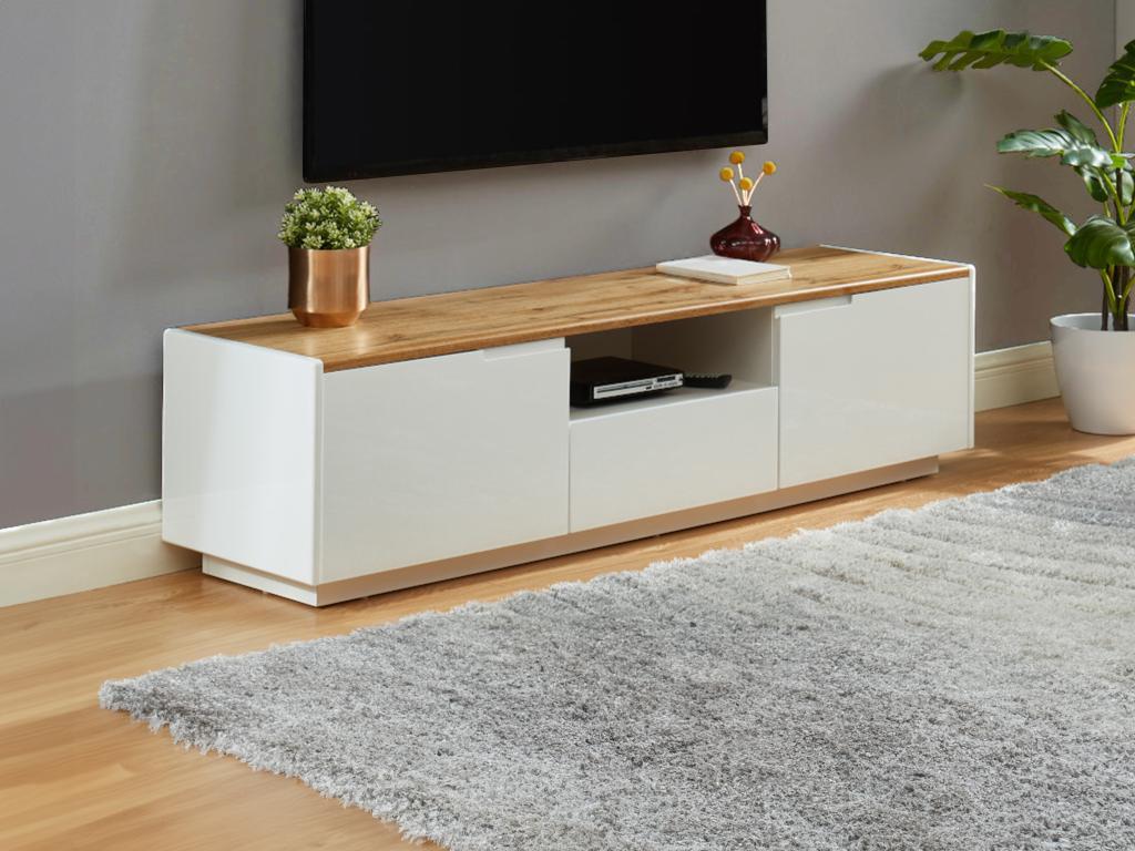 Meuble TV 1 porte 1 niche bois laqué blanc Sanoa
