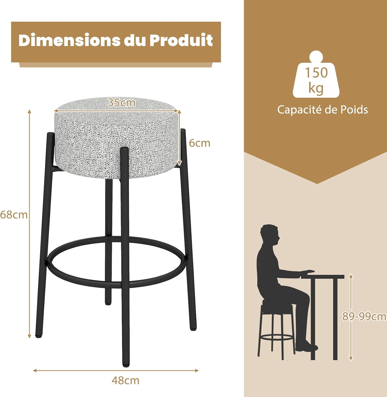 Banco de bar, cadeira de bar, assento redondo estofado, tecido de linho, apoio para os pés, banco para cozinha, sala de jantar, café, cinza - 3