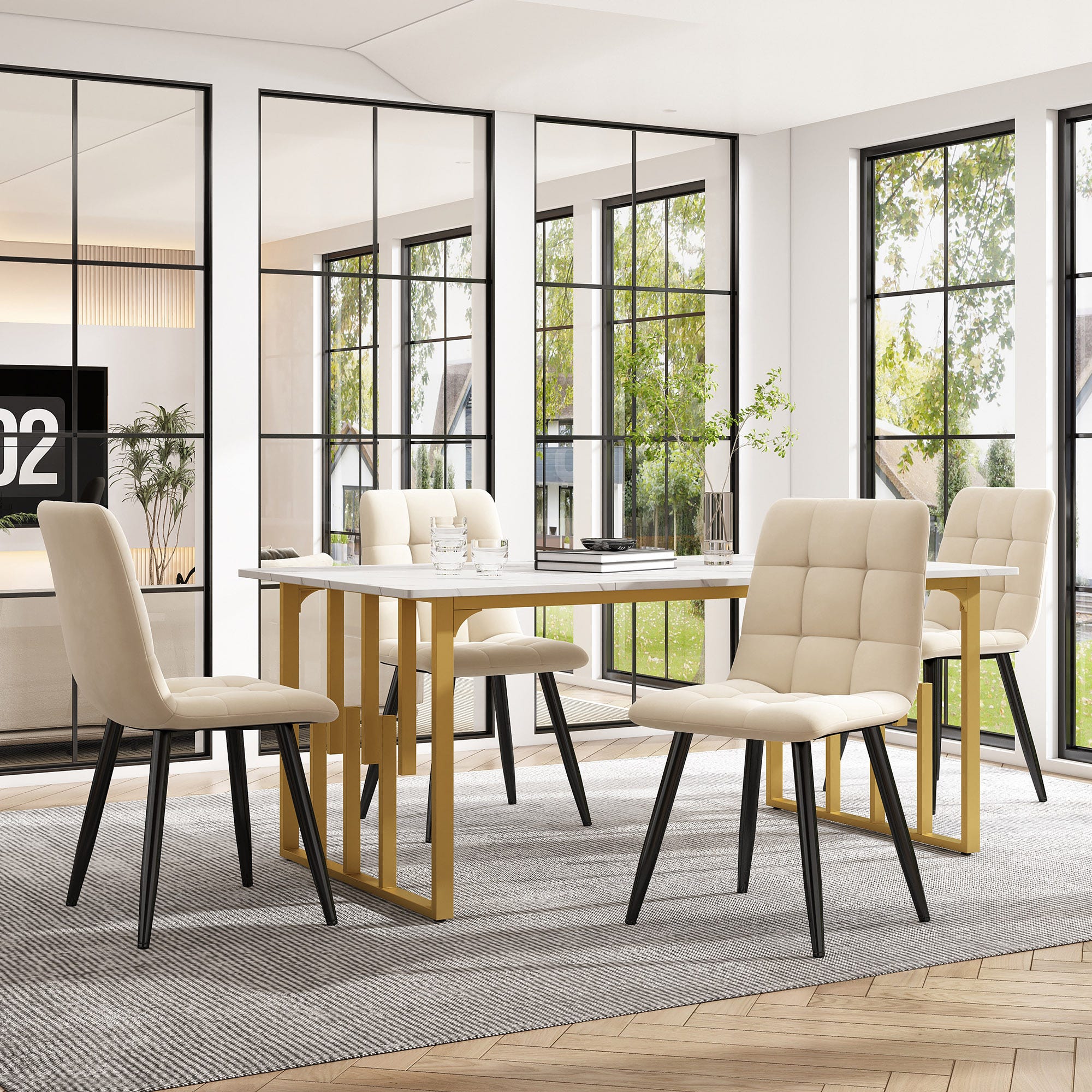 Tavolo da pranzo + set 6 sedie in velluto - 140 x 80 x 75 cm - Legno MDF e metallo - Piano Tavolo da pranzo + set 6 sedie in velluto - 140 x 80 x 75 cm - Legno MDF e metallo - Piano