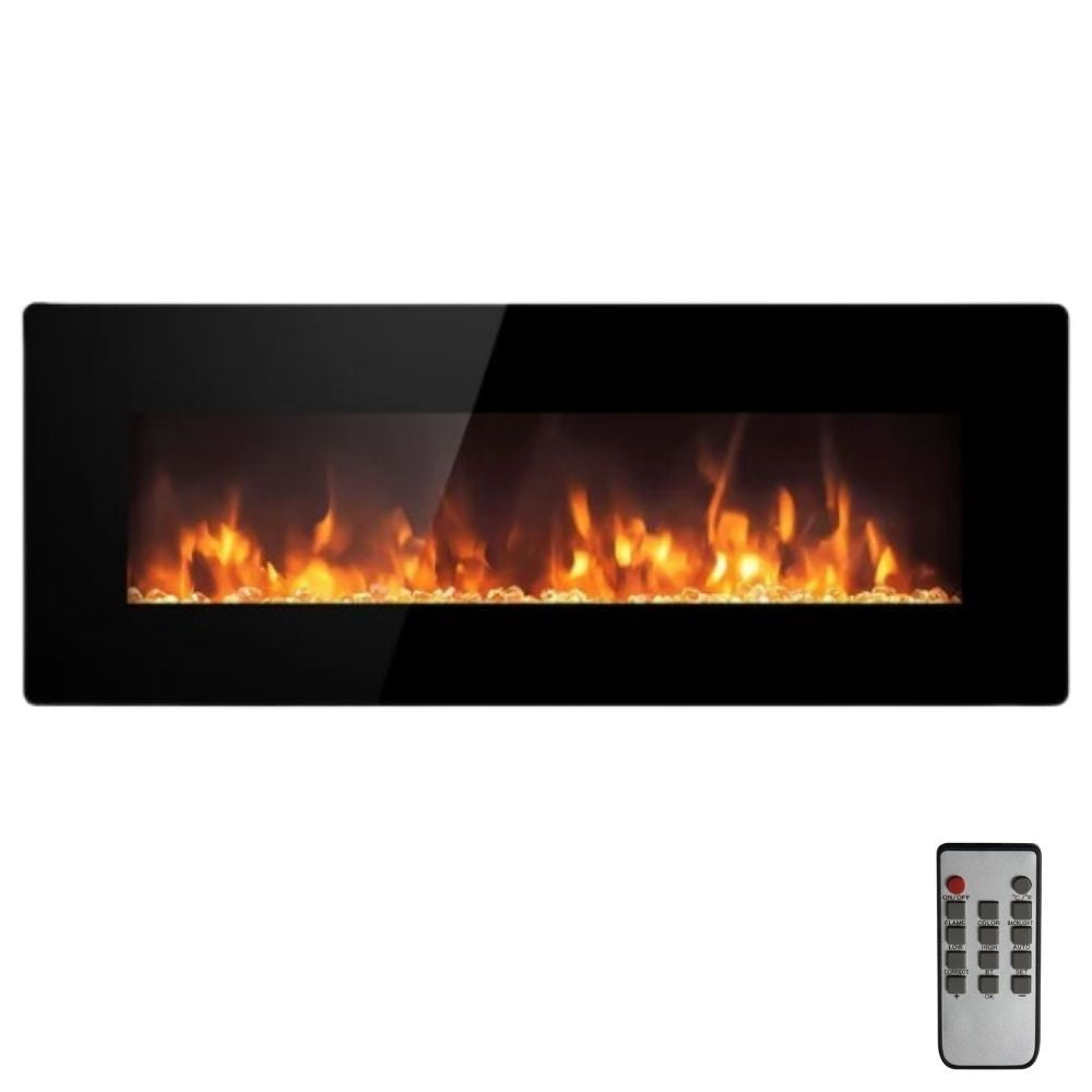 Chimenea eléctrica de acero y vidrio templado. estufa de pared con mando a distancia y led de 9 colores. llama de quemador de lana de roca